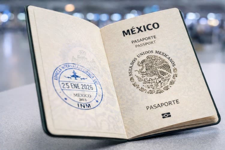 Pasaporte mexicano abierto mostrando un sello de ingreso reciente