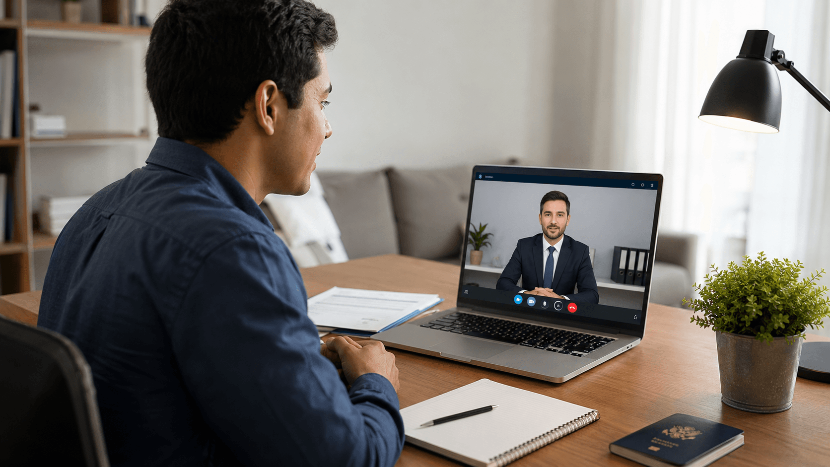Persona practicando su entrevista de visa por videollamada desde casa