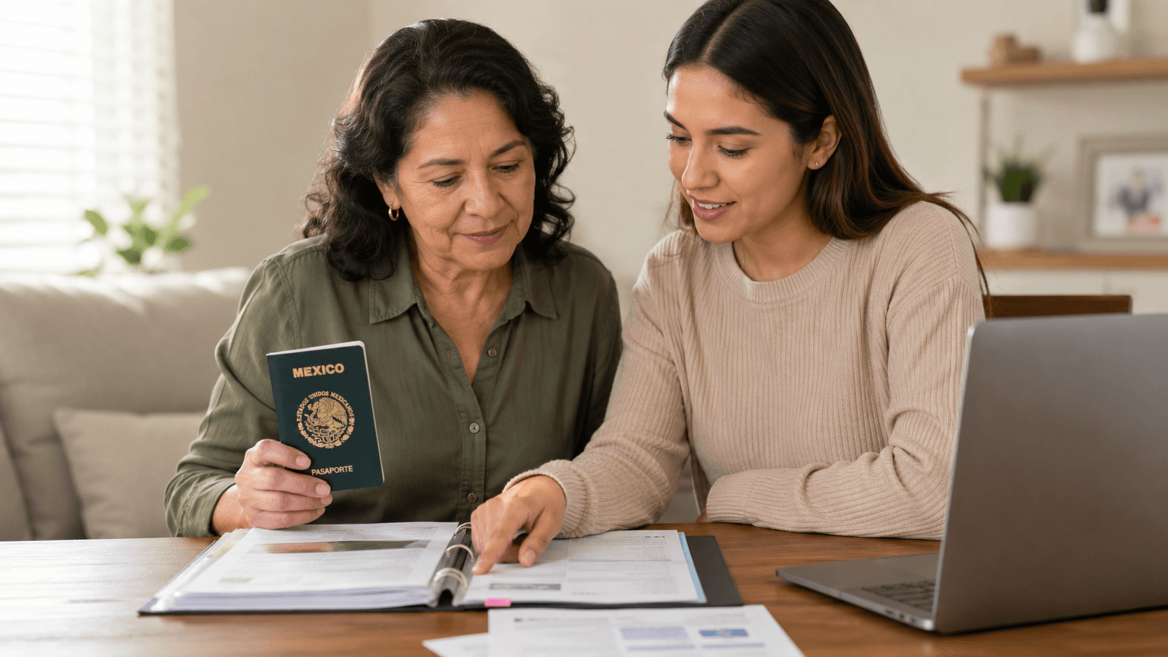 Madre e hija revisando juntas los documentos para el pasaporte mexicano