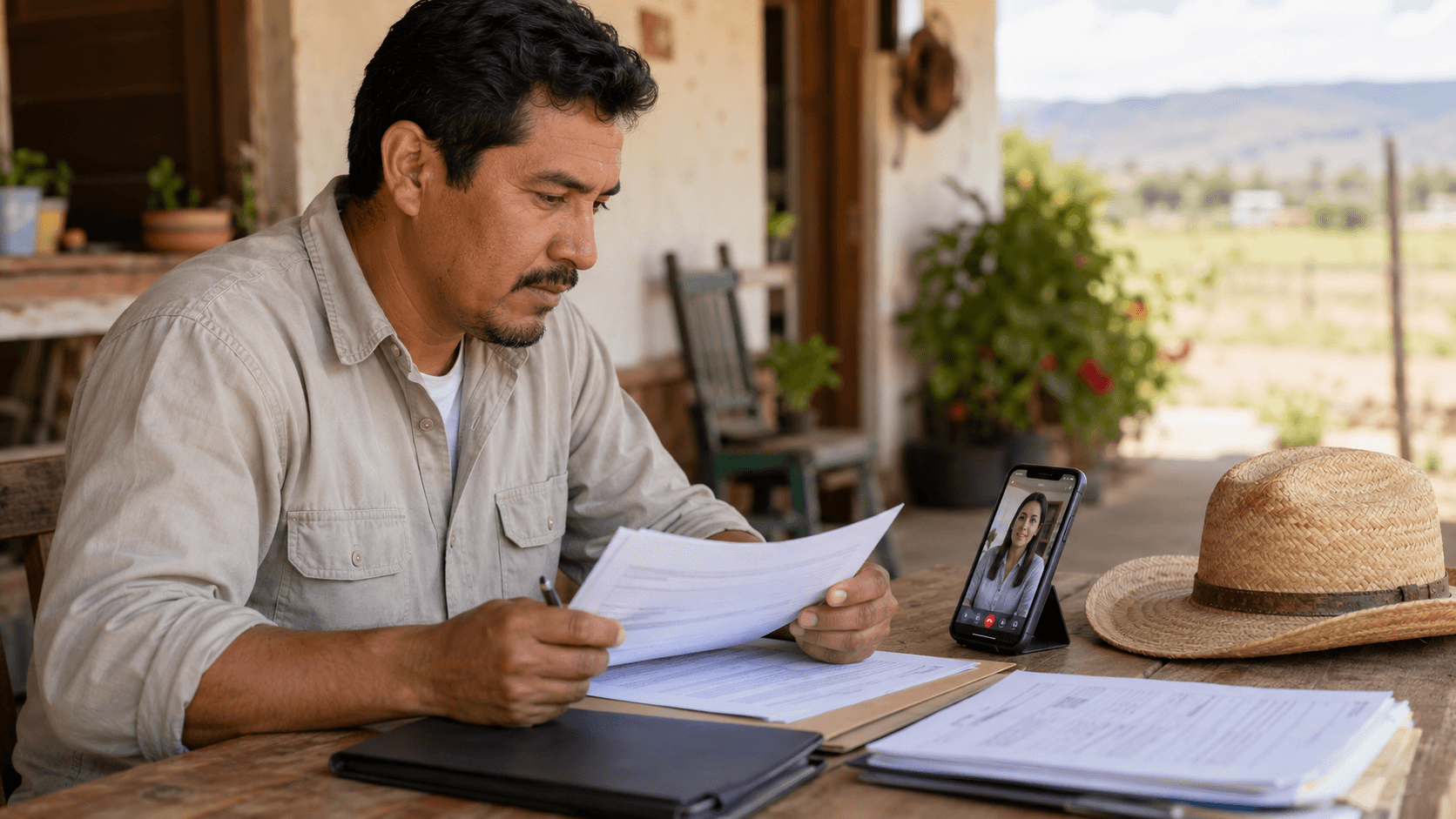Trabajador mexicano revisando documentos para su visa de trabajo temporal H-2A/H-2B